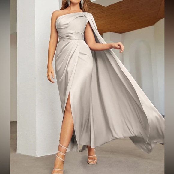 Dresses & Skirts - Luxe light gray one shoulder party formal evening wedding prom satin dress